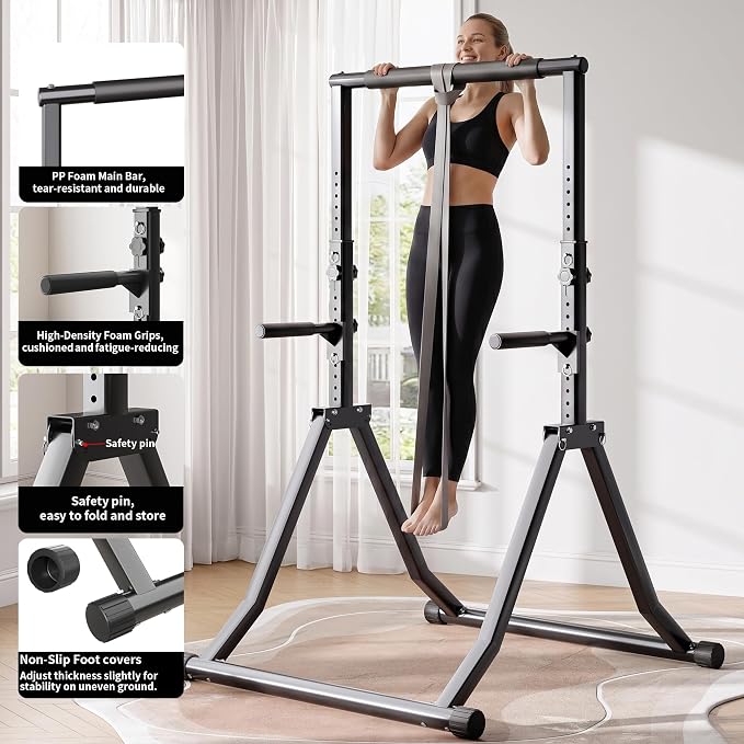 Foldable Power Tower Dip Station for Pull Ups, 66.1"-84.6" 12 Level 700 LBS, Adjustable Dip Handles & Assistance Bands Foldable Home Gym Equipment