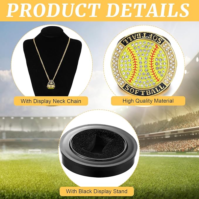 Highergo 1 PC Champion Mvp Rings Baseball Soccer Basketball Volleyball Football Softball Trophy Ring with Display Stand and Neck Chain Size 11 for Winner Tournament Award Gift(Baseball)