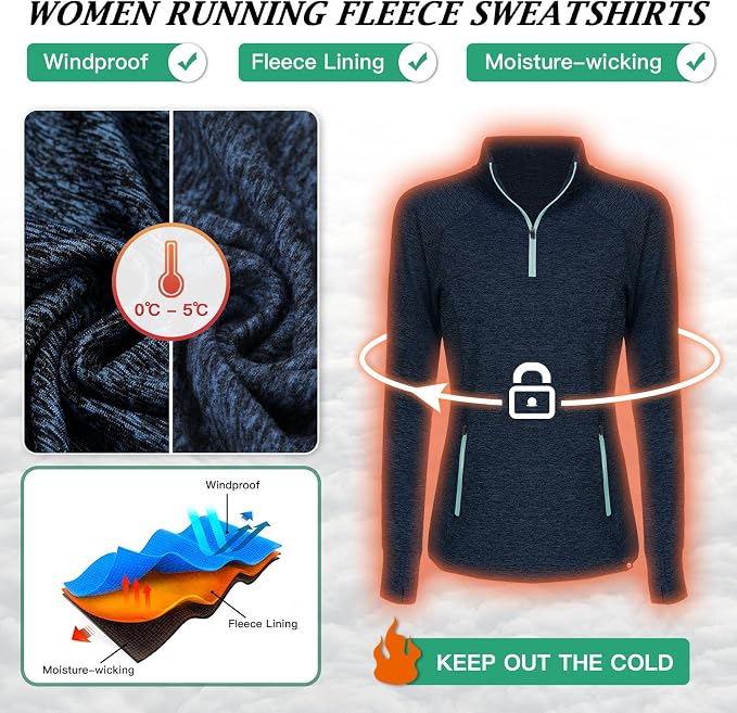 Soneven Women's Thermal Fleece Running Shirts Warm Winter Pullover Cold Weather Workout Hiking Tops with Thumb Holes Pockets
