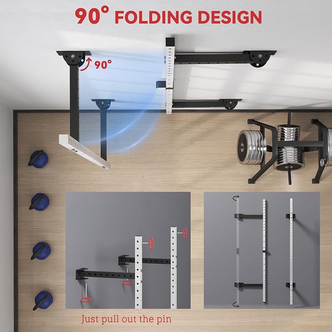 Soozier Folding Squat Rack with Adjustable Pull-Up Bar, 1000 Pounds Capacity Wall Mounted Power Rack, Adjustable Steel Barbell Rack with J Hooks for Home Gym Full Body Workout