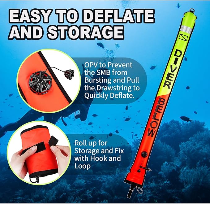 Surface Marker Buoy, 5ft Scuba SMB High Visibility Open Bottom Dive Buoy with Oral Inflator, OPV and Reflective Strip, Inflatable Signal Tube Safety Sausage (Orange+Fluorescent Yellow)