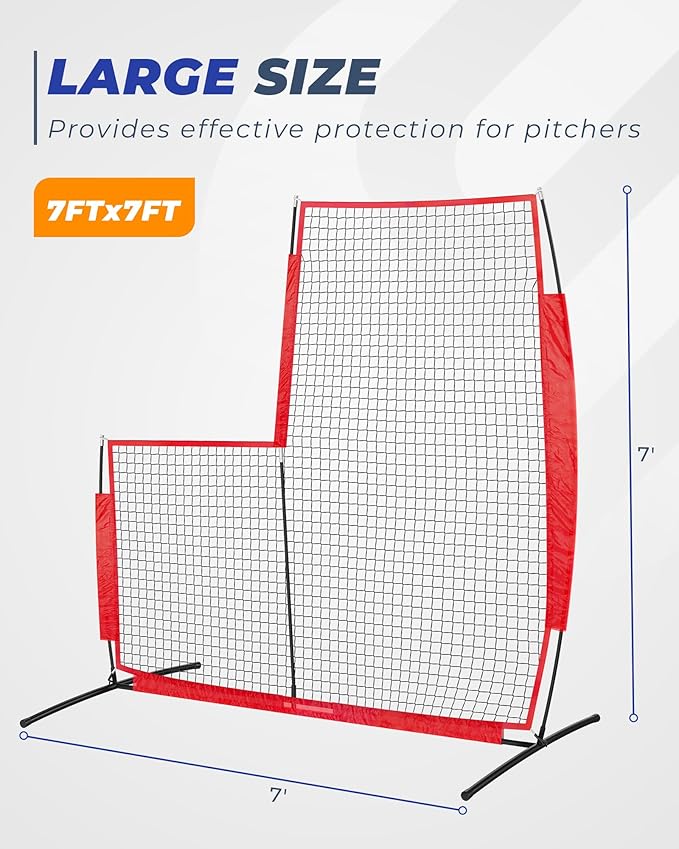 Baseball L Screen for Batting Cage, 7x7ft Pitcher Protector Net for Pitchers Protection, Includes Portable Carry Bag, 4 Ground Stakes