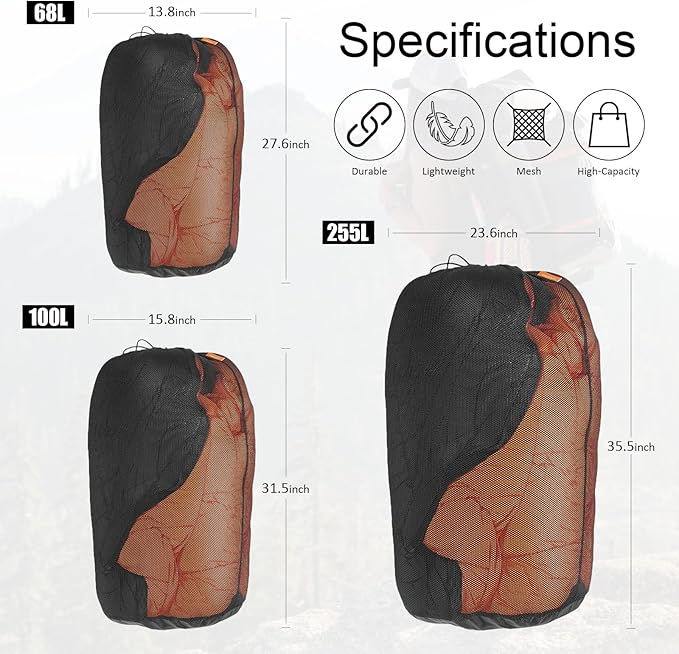 1Pcs 255L Mesh Sleeping Bag Storage Sack Stuff Sack Mesh Laundry Bag Drawstring Bag，Tear-Resistant Polyester Mesh,300D Oxford Bottom,Anti-Dirt and Water-Resistant.