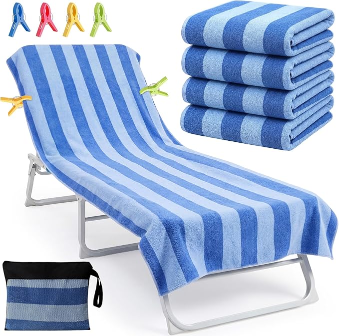 Gilprop 4 Packs Oversized Stripe Beach Towels XL L Microfiber Clearance Pool Towels with Bags Clips Soft Absorbent Quick Dry Camping Swim Towel for Adult Women Men Travel Family (60×30 in,Blue)