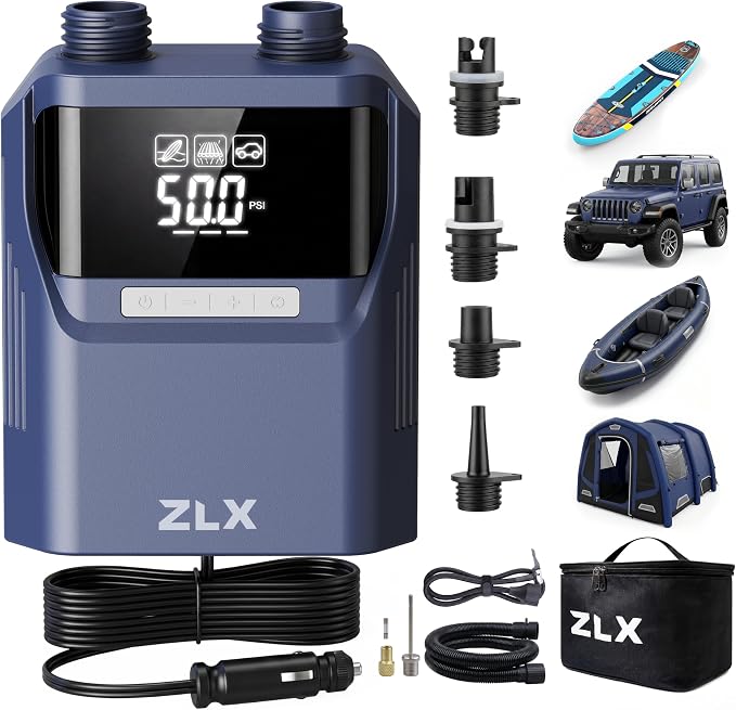 ZLX Paddle Board Pump, 50PSI SUP Pump with 12V DC Car Connector-No Battery, High Pressure Dual Stage Inflation & Deflation Paddle Board Accessories for Inflatables, Kayaks, Boats, Tent, Air Mattresses