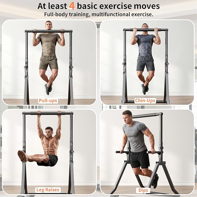 Foldable Power Tower Dip Station for Pull Ups, 58.3"-76.8" 12 Level 700 LBS, Adjustable Dip Handles & Assistance Bands Foldable Home Gym Equipment