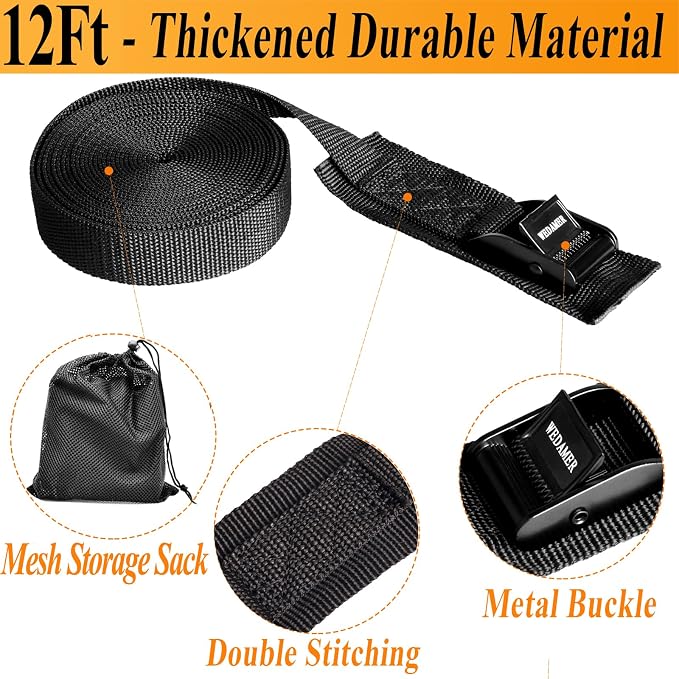 WEDAMER 4 Pack Kayak Tie Down Straps 12Ft Cam Buckle Tie Downs Adjustable Kayak Strap for Trucks Motorcycles Boat RV - Ratchet Lashing Straps for Roof Rack Trailer Cargo Packing Securement (1" x 12')