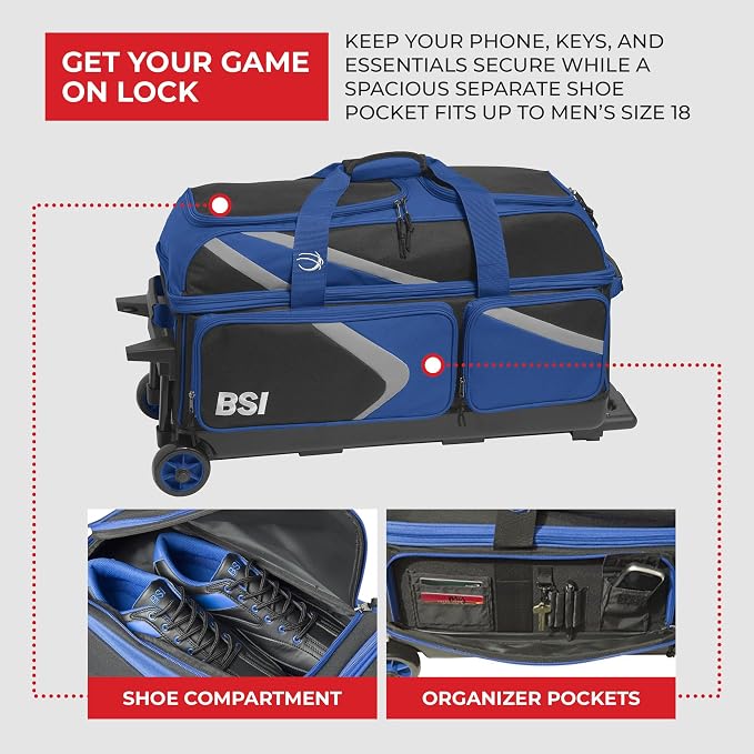 BSI Dash Roller Bowling Bag with Smooth Rolling Wheels, Padded Ball Compartment, Retractable Locking Handle, & Shoe Pocket