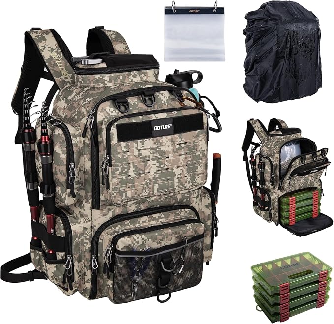 Goture Fishing Backpack with 4 Tackle Boxes,900D Water-Resistant Tackle Backpack with Rod Holders,SBS Zippers,45L Large Tackle Storage Gear Bag with Rain Cover,Bottle Holder for Travel Camping Hiking