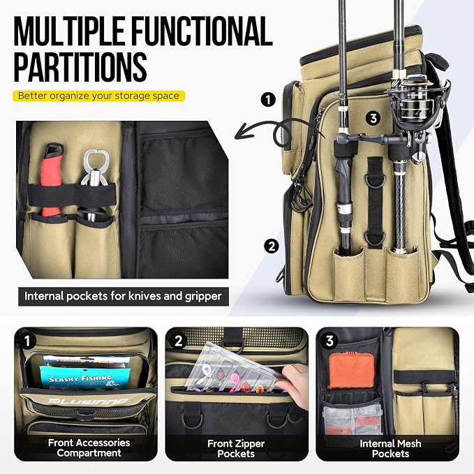 PLUSINNO Fishing Backpack with Rod Holders, 42L Large Water-Resistant Tackle Bag for Fishing, Camping, Hiking, Gifts - Khaki