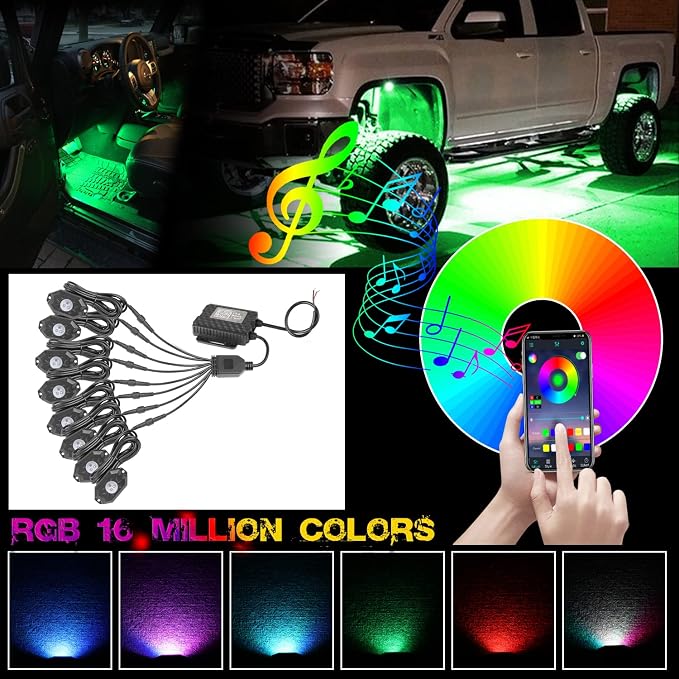 OFFROADTOWN RGB LED Rock Lights Kit 8 pods Underglow Multicolor Neon Light Pod with Bluetooth App Control IP68 Exterior Wheel Well Light for Pickup Tundra Dodge GMC UTV Truck