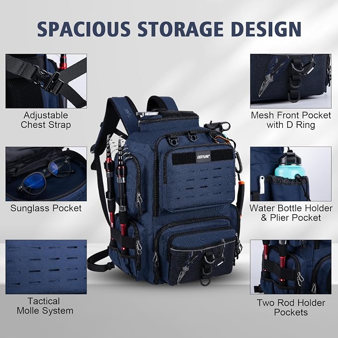 Goture Fishing Backpack,900D Water-Resistant Tackle Backpack with Rod Holders, SBS Zippers,45L Large Fishing Bag Storage Gear Tackle Bag with Rain Cover, Bottle Holder for Travel Camping Hiking