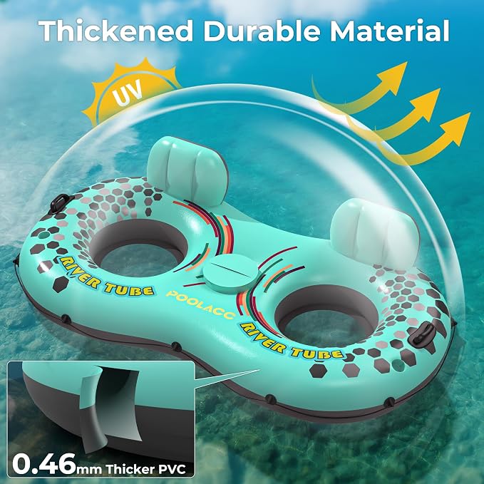 2-Person Inflatable River Tube, Heavy Duty Tube Float for River Pool Lake Beach w/Built-in Cooler & Cup Holders, Ergonomic Backrest, Durable Handles & Grab Rope, 660lb Weight Capacity