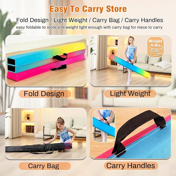 MARFULA 6 FT / 8 FT / 9 FT Folding Gymnastics Beam Foam Balance Floor Beam - Extra Firm - Suede Cover - Anti Slip Bottom with Carry Bag for Kids/Adults Home Use