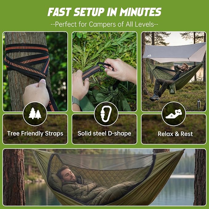 Camping Hammock with Mosquito Net with Underquilt & Rain Fly Tarp - Built-in Quilt for Lightweight Soft Warm 4 Seasons, 2 Person Portable Backpacking Hammock Set for Hiking, Travel, Backyard