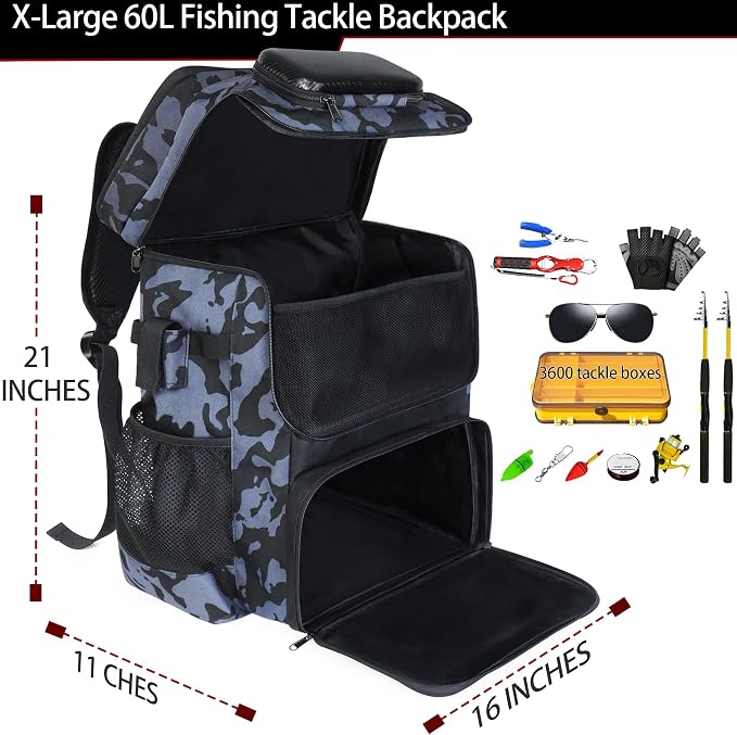 Fishing Backpack with Rod Holder X-Large 60L Tackle Gears Bag with Cooler for Storage Tackle Box and Fishing Accessories Stuff, Fish Gifts for Men Woman-Black Camo