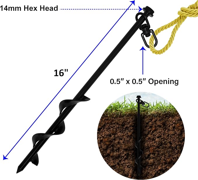 16” Ground Anchors (4pcs) Easy to Use with Drill, Heavy Duty Anchor Hook for Camping Tent, Canopies, Car Ports, Sheds, Swing Sets, Securing Animals – Black Powder Coated
