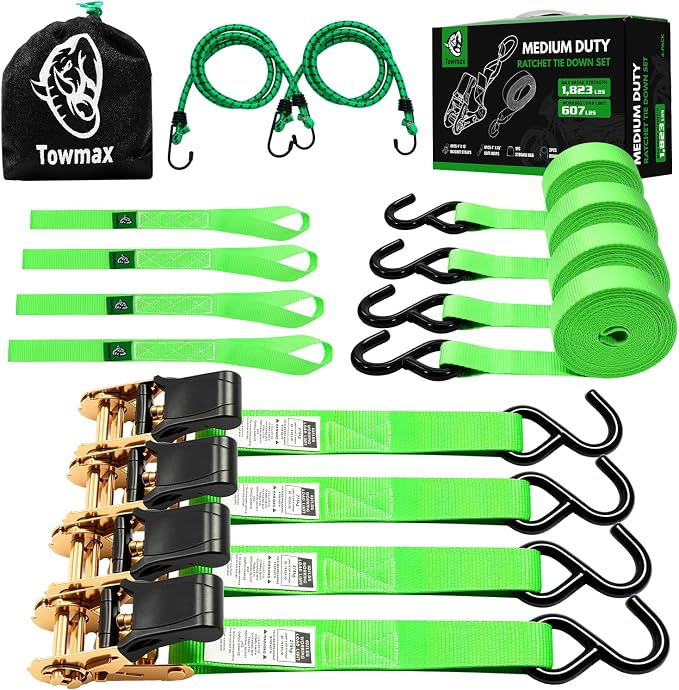 Ratchet Straps Medium Duty 4 Pack -1 Inch x 15 Feet (1,823LB Break Strength)- Motorcycle Tie Down Straps -Soft Loops with Bungee Cords- Ratchet Tie Down Set for Powersports, Motorcycle or Moving Cargo