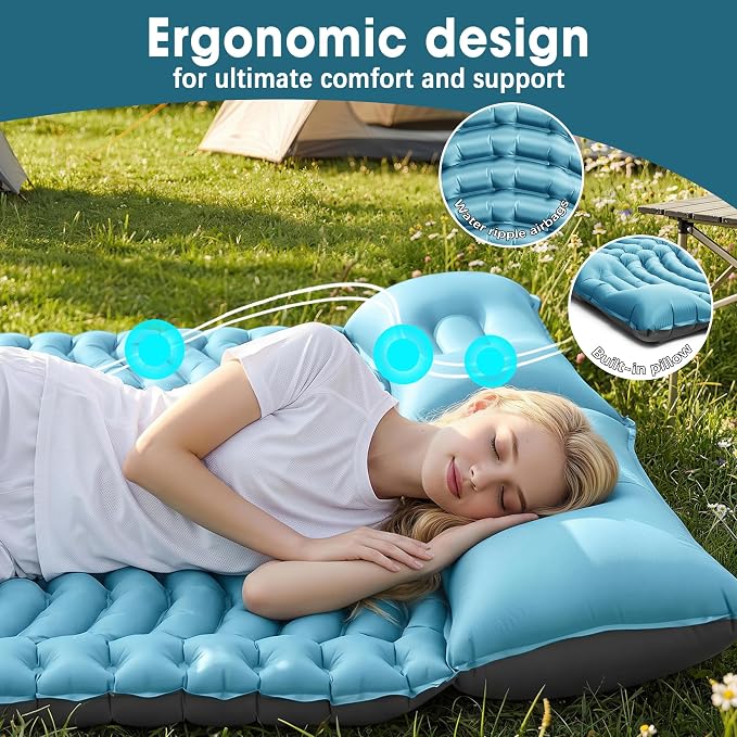 Double Sleeping Pad for Camping - Ultralight Camping Mattress with Pillow, Built-in Foot Pump, Compact Inflatable 2-Person Portable Mat for Backpacking, Hiking, Car Traveling, Beach, Tent