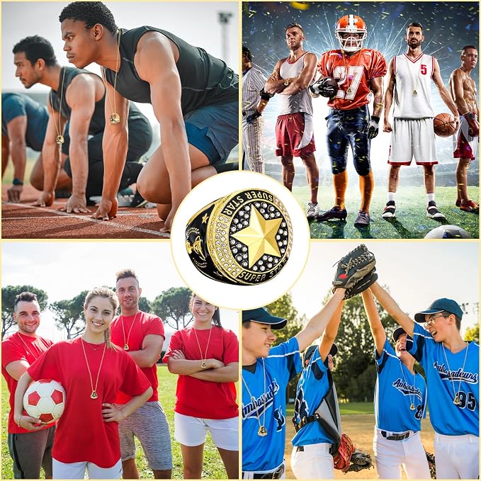 Highergo 10 Pcs Basketball Softball Baseball MVP Dancer Champion Trophy Ring with Display Stand Star Football Soccer Volleyball Golf Cheerleading Bowling Track Field