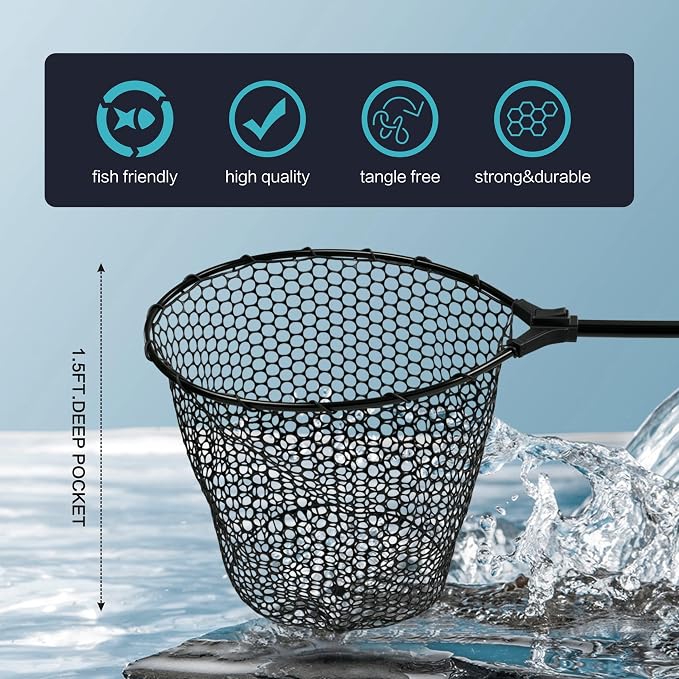 Black Paw Fish Landing Net with Soft Rubber Mesh Bag, Large Fishing Net with Built in Length Scale, Extend to 36-55 Inches
