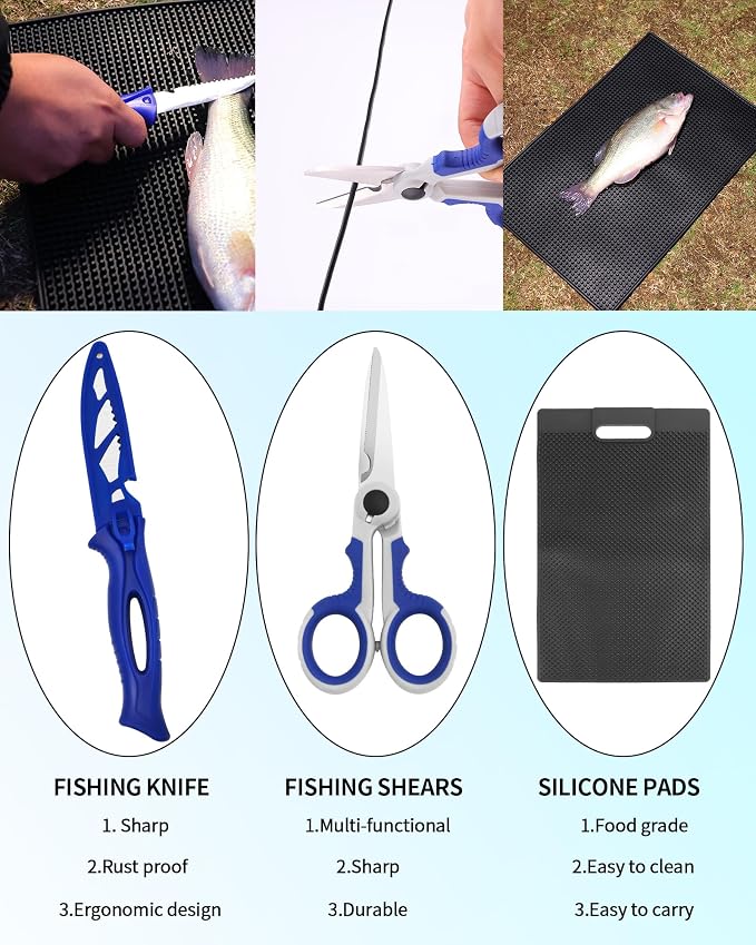 Fishing Tool Kit - 112pcs Fishing Gear & Equipment, Fish Pliers, Hook Remover, Scale, Scissors, Lip Gripper, Lures