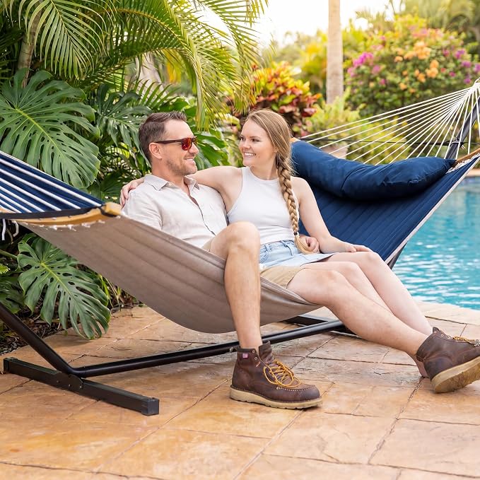 SUNCREAT Portable Outdoor Hammock with Stand, Heavy Duty Hammock with Carrying Bag, Soft Pillow, Balance Ropes, Dark Blue