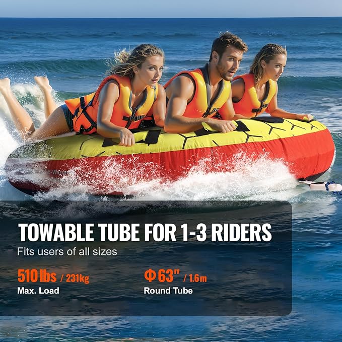 VEVOR Towable Tubes for Boating, 1-4 Riders Inflatable Boat Tubes & Towables, 340-680 lbs Capacity, Multiple Sizes with Full Nylon Cover, Padded/EVA Handles, Fins & Safety Valve (Multi-Option)