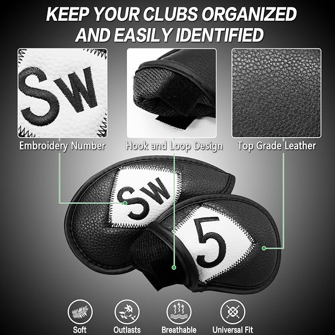 FINGER TEN Premium Synthetic Leather Stylish Iron & Wedge Golf Head Covers Value 12 Piece Set, Embroidered Labels & Fits Most Clubs Gift Set, Travel Protection Accessories