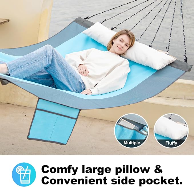 GAFETE 14ft 2 Person Hammock for Outside, Quick Dry Textilene, Portable Hammocks Without Stand with Folding Steel Spreader Bar, Carrying Bag, Tree Straps, Pillow & Sidebag, 550 lbs Capacity (Aqua)