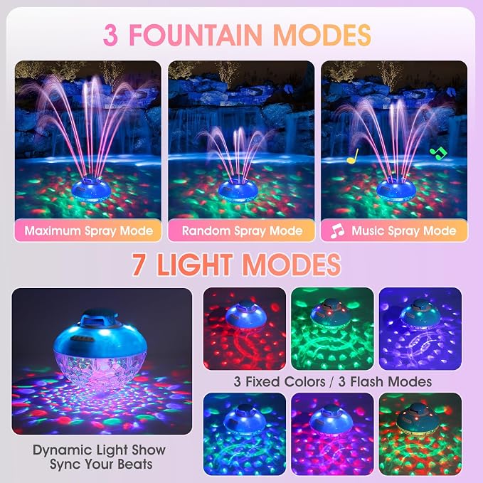 Bluetooth Pool Speaker w/Colorful Pool Fountain Light, 3 in 1 Floating Pool Speaker Loud Sound, IP68 Waterproof Floating Hot Tub Speakers, Bluetooth 5.4, 24H Playtime Pool Wireless Speakers