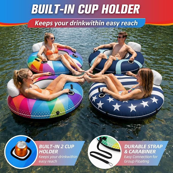 ZEALFEEL River Tube, 53'' River Float Tube with Premium Canvas Cover, Comfortable Backrest, 2 Built-in Cup Holders, Tow Strap & Handles, Inflatable PVC Water Inner Tubes for Adults Lake Pool Floating