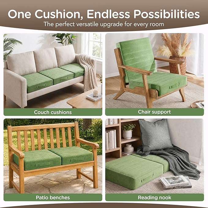 Codi Thick Replacement Couch Cushions 2 Sets, Upholstery Foam with Washable Covers for Sofa Cushion Chair Meditation - 24 × 24 × 5 Inch, High Density Foam, Green