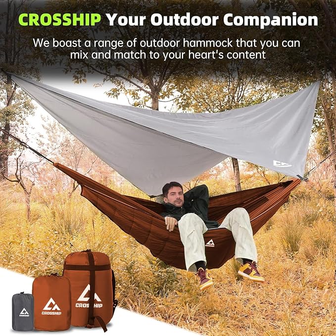 Camping Hammock with Mosquito Net, Underquilt & Rain Fly Tarp – 2 Person Portable Hammock Set for Hiking, Backpacking, Travel, Backyard, Beach – Holds Up to 500lbs (Orange)