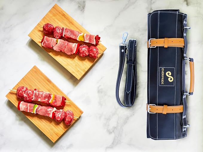EVERPRIDE Premium Black Leather with Stunning Tawny Wheat Trim, Professional Chef Knife Roll and Bag for Knives, Sturdy Construction Chef Bag, Easy Carry Luxury Knife Case