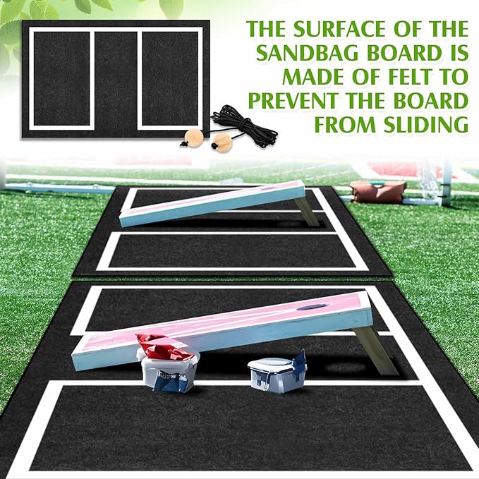 RoundFunny 2 Pcs Cornhole Mats Set 60x96 Professional Cornhole Pitch Pad, Range Finder Tool Set, Non-Slip Board Game Mats for Under Boards Keep Tossing Bags Clean and Secure Footing