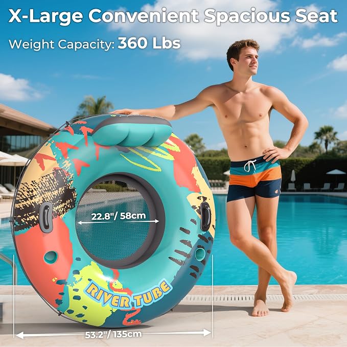 53" Heavy Duty River Tube Float for Adults,Inflatable River Raft Float for Pool Lake Beach with Built-in Cup Holders, Ergonomic Backrest,Durable Grip Handles & Grab Rope, 360Lb Weight Capacity