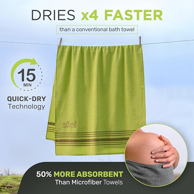 Zumi MINI 100% Cotton Camping Travel Towel - Small, Ultralight, Fast Drying, Highly Absorbent, Soft and Gentle on the Skin, Safe for the Planet (28" x 13" Green)