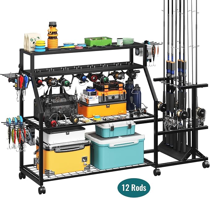 TC-HOMENY Large Fishing Rod Holders for Garage Fits for 12 Rods, 4-Tier Fishing Pole Rack Cart with Enlarged Shelves, Fishing Gear Tackle Organizer Storage Cart with Wheels for Garage, Outdoor, Black