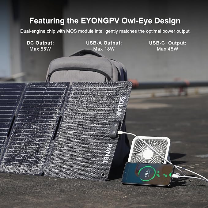EYONGPV 55W Foldable Solar Panel Charger with Owl-Eye LED, USB-C & USB-A DC Fast Charging, Portable Solar Charger for Camping, Hiking, RV, Outdoor, Compatible with iPhone, iPad, Samsung Galaxy, GPS