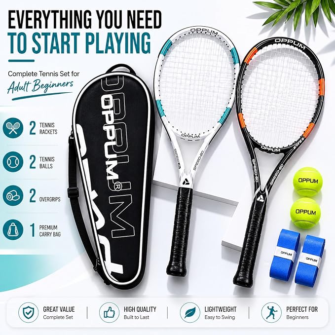 2-Pack Adult Tennis Rackets, 105 Sq Inch Oversized Head Pre-Strung for Beginners and Intermediate, Arm Friendly Vibration Control Set with Bag and Balls