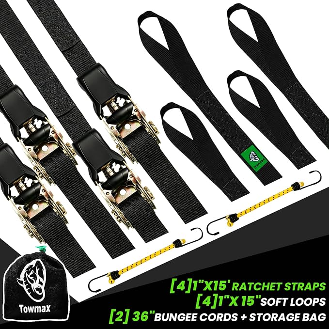 Ratchet Straps Medium Duty 4 Pack -1 Inch x 15 Feet (1,823LB Break Strength)- Motorcycle Tie Down Straps -Soft Loops with Bungee Cords- Ratchet Tie Down Set for Powersports, Motorcycle or Moving Cargo