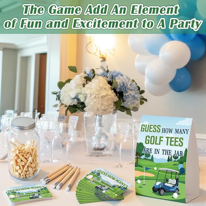 162 Pcs Golf Party Games Guess How Many Golf Tees Are in the Jar with 1 Stand Sign 50 Guess Cards 100 Wooden Tees 10 Pencils 1 Mason Jar for Golfer Themed Baby Shower Birthday Party Activity