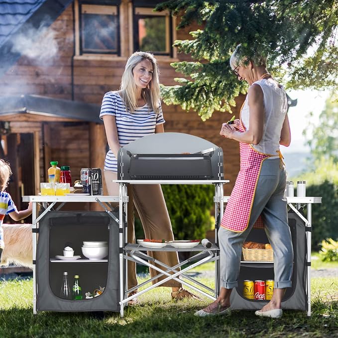 Giantex Camping Kitchen Station, Folding Grill Table with 26'' Tabletop, 2 Side Tables, Storage Organizer, Detachable Windscreen, Portable Camp Cook Outdoor Prep Station Backyard BBQ Picnic (Grey)