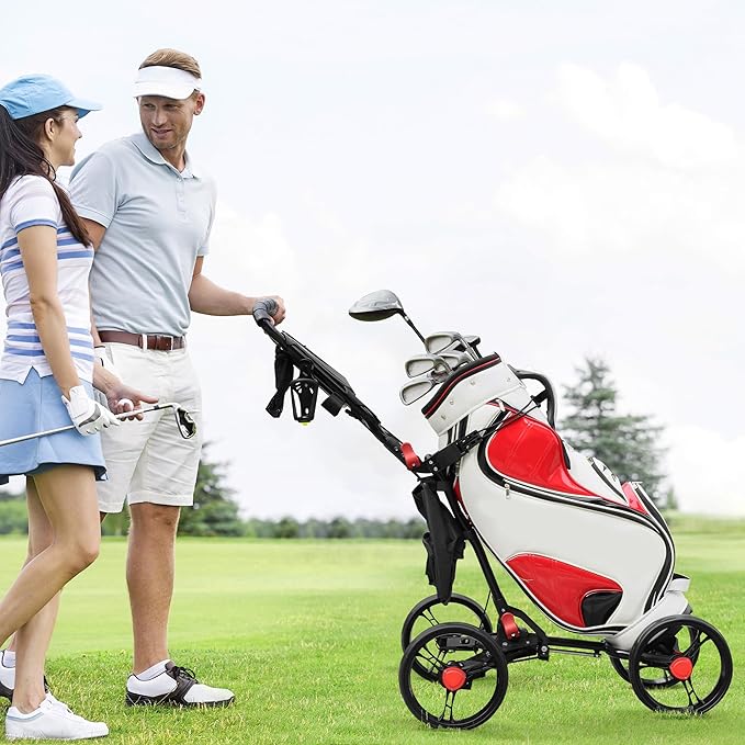 4-Wheel Golf Push Cart, 1-Click Folding, 300 lbs Load Capacity, Large Storage with Cup Holder, Cooler Bag, 10" Durable Wheels with Brake for All-Terrain, CruiseMaster V8 Golf Cart