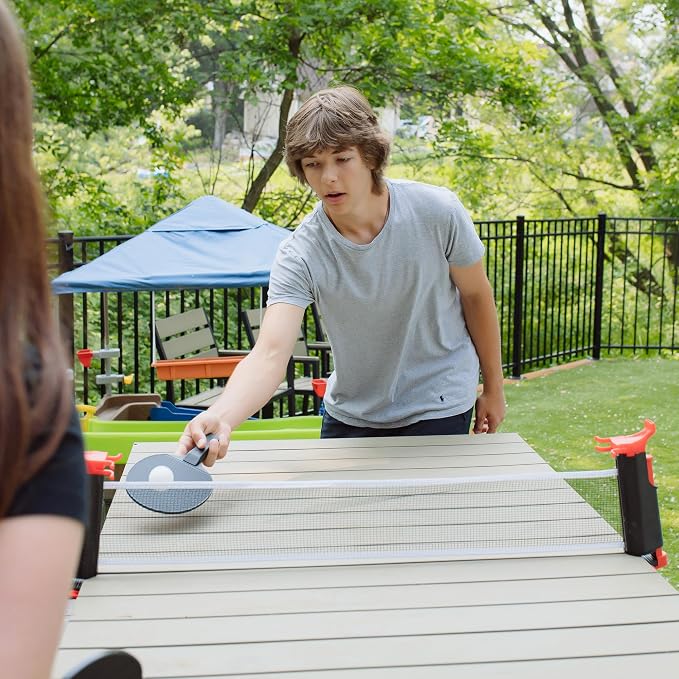 EastPoint Sports Everywhere Table Tennis Net & Paddle Set - Play Ping Pong Anywhere! Retractable Net Fits Most Tables Up to 60" Wide - 2 Table Tennis Paddles and 3 Ping Pong Balls, Red/Black