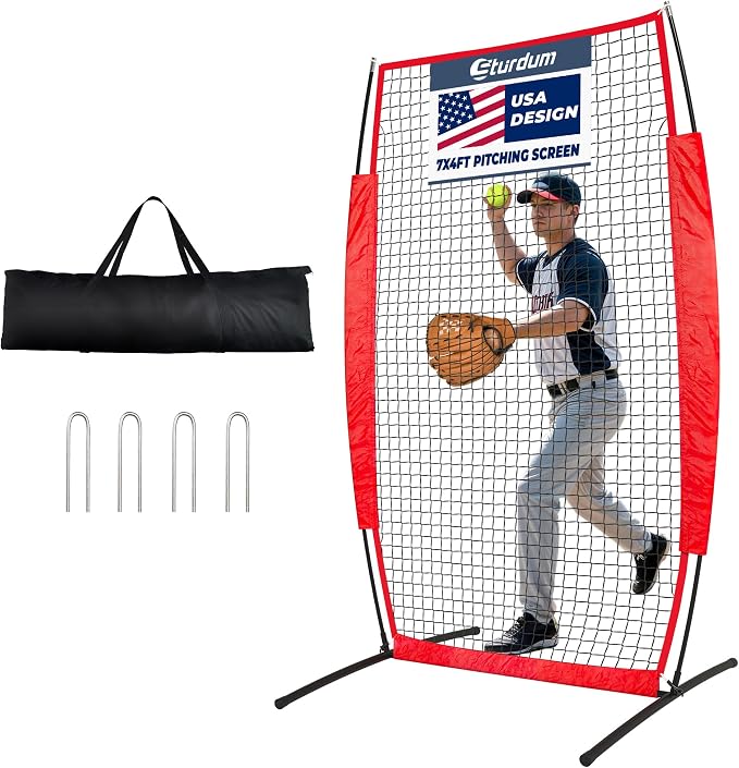 7x4FT Baseball Pitching Screen, Quick Setup Pitching Net for Pitchers Protection, Portable Baseball I Screen for Fields Batting Cages with Carry Bag