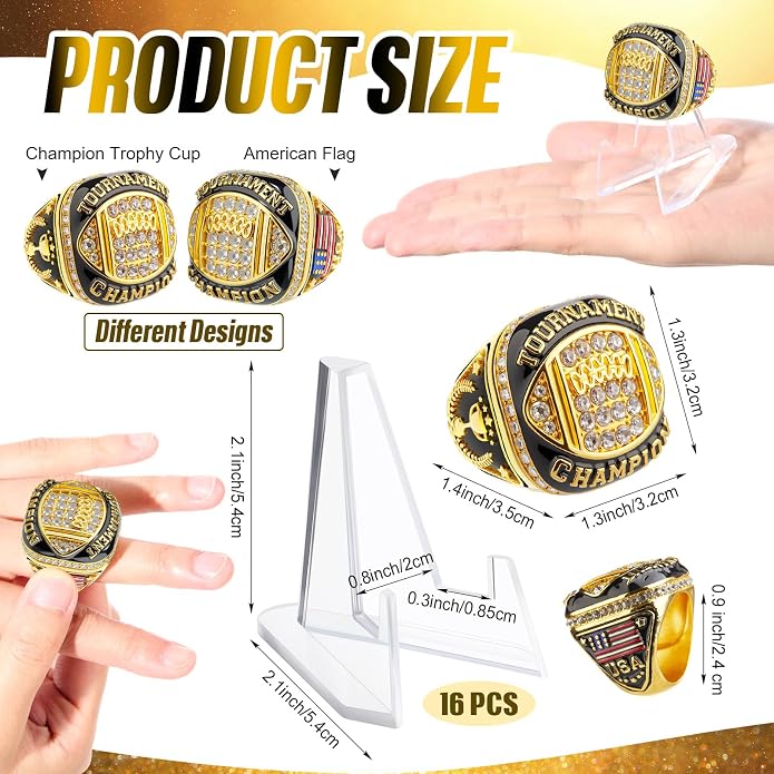 Misdary Soccer Baseball Basketball Championship Rings with Holder Most Valuable Player Trophy Gold Ring Award Gift Team Prize for Football Tournament Winner