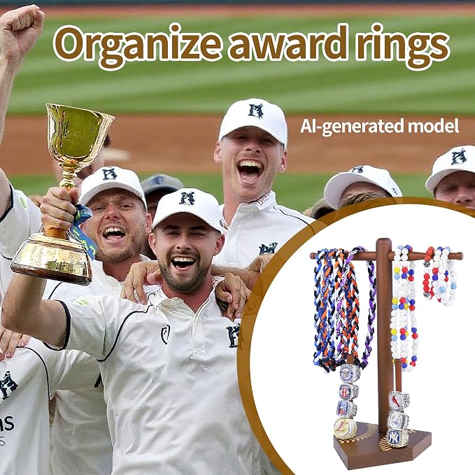 Baseball Ring Display Holder for Championship Rings & Necklaces, Wooden Sports Jewelry Organizer with Bat Stand for Baseball Softball Players, Athlete Gift Display Case for Rings Bracelets Medals