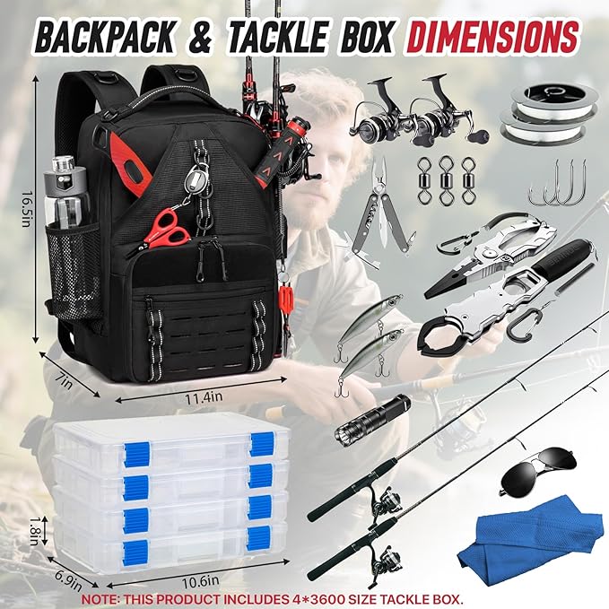 Fishing Tackle Backpack,Tackle Bags with 2 Rod Holders & 4 Tackle Boxes, Water-Resistant Large Tackle Bag Storage Bag for Fishing Gear, Fisher Gifts for Men, Black